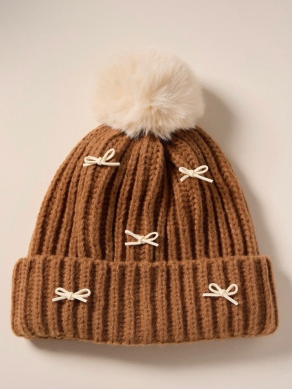 Beautiful Francesca's Collections Brown Knit Beanie with Cream Pom & Bows